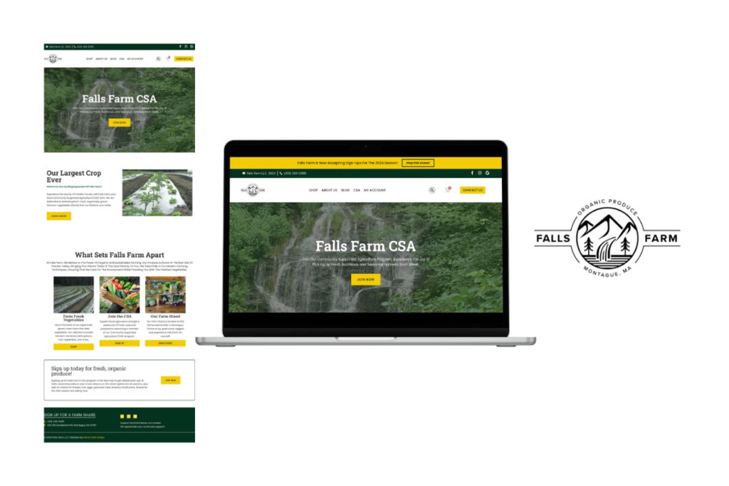 A screenshot, a laptop image and a logo of Falls Farm