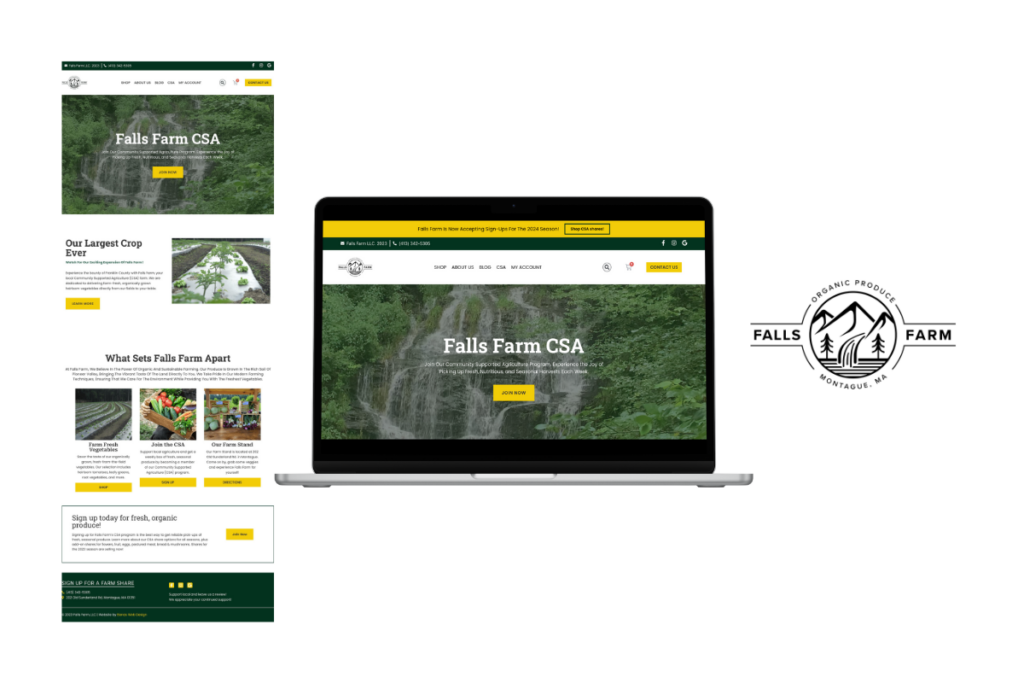 A screenshot, a laptop image and a logo of Falls Farm